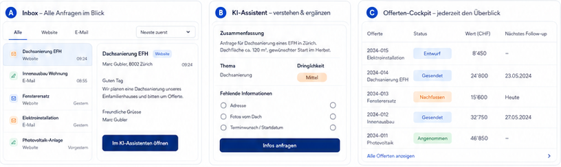 Solvantis One Cockpit f&uuml;r Inbox, KI-Assistent und Offerten