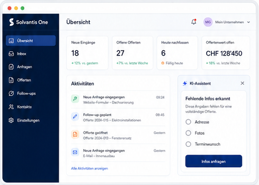 Solvantis One Dashboard mit Anfragen, Offerten und KI-Assistent