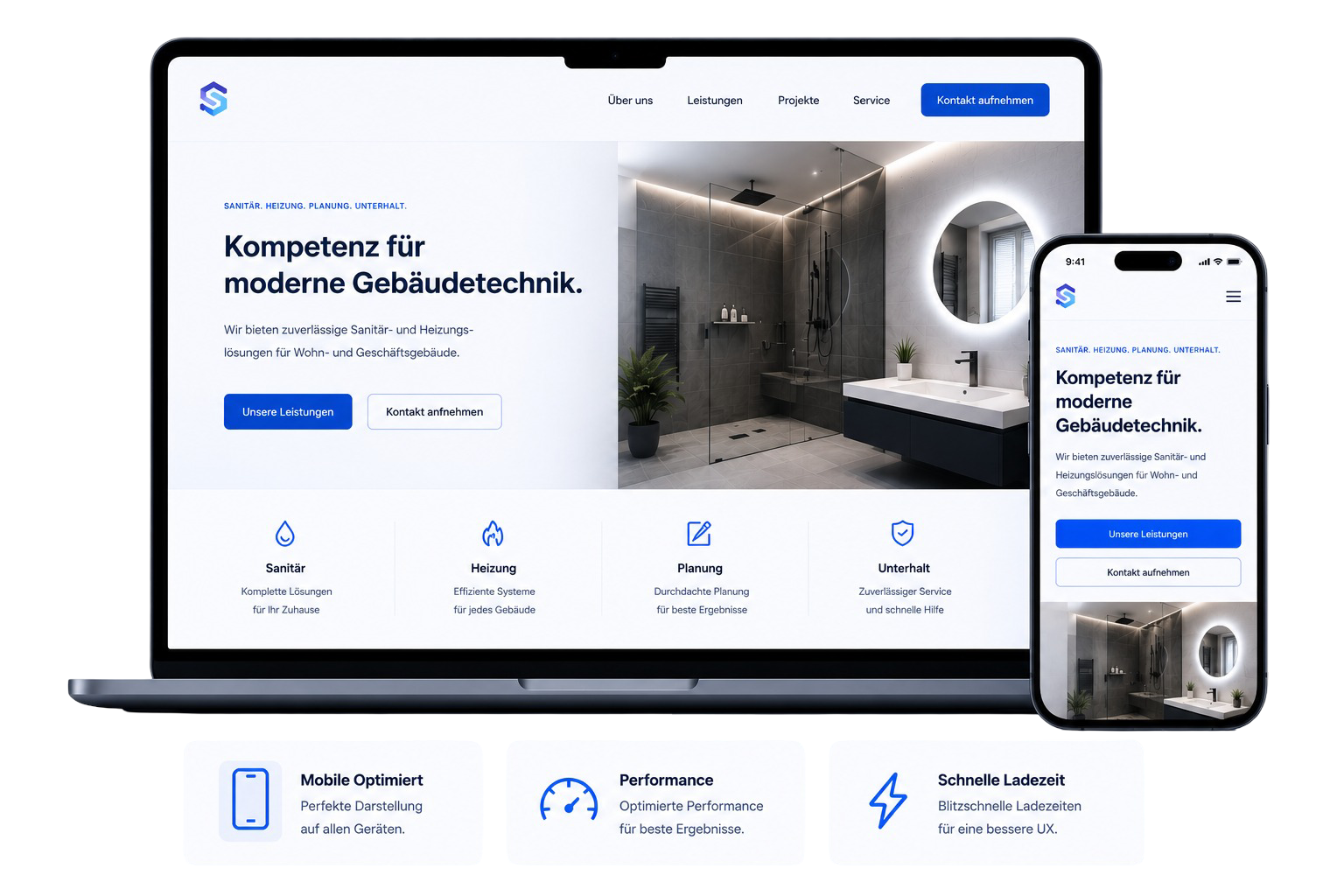 Premium Webl&ouml;sungen Mockup f&uuml;r eine moderne Sanit&auml;r-Website auf Desktop und Smartphone